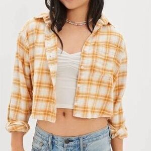 American Eagle Outfitters Plaid Cropped Flannel Button Up Shirt Womens X Large